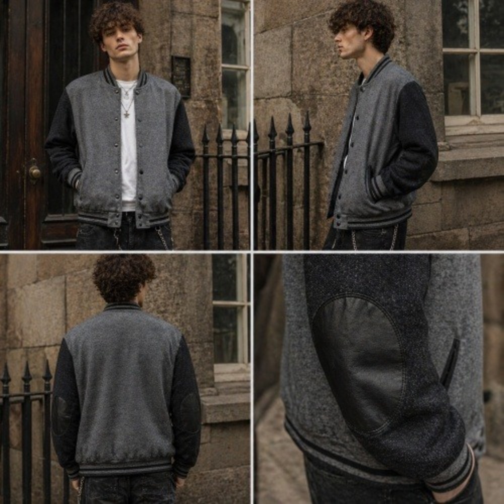 21Men Varsity Bomber Jacket Grey Black Snap Front Leather Elbow Patches Mens M